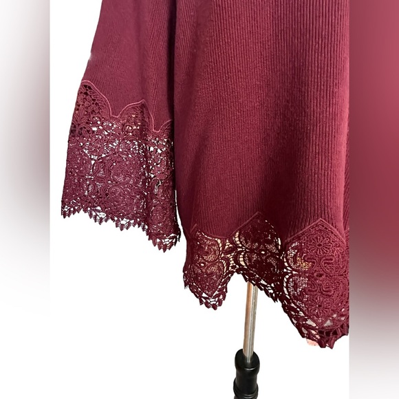 Chico’s burgundy wine belle sleeve ribbon knit lace detail sweater - Picture 5 of 8